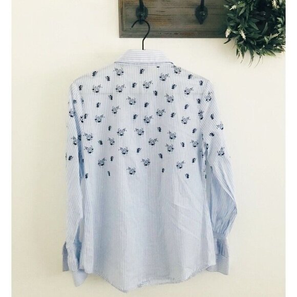 Cabi Blue Floral Pinstripe Button Up Shirt Smocked Ruffled Sleeve Women Sz M - Picture 7 of 12